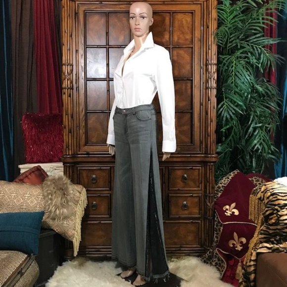 NWOT Peace Love World Two Tone Side Slit Fray Edge Wide Leg Cotton Stretch Jean - Picture 4 of 15